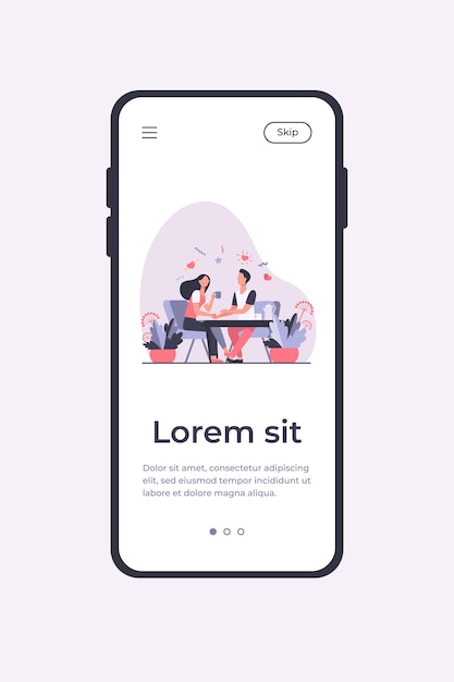 young couple sitting in restaurant together isolated flat vector illustration. cartoon romantic girl and guy drinking coffee on date. love and anniversary concept. mobile app template