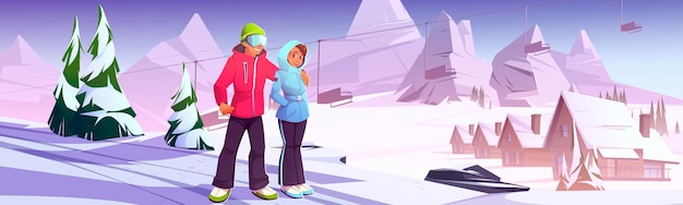 Young couple on ski resort, man and woman in winter clothes hugging at snowy hill with mountains, cottages and funicular background, people relaxing, outdoor activity, Cartoon vector illustration