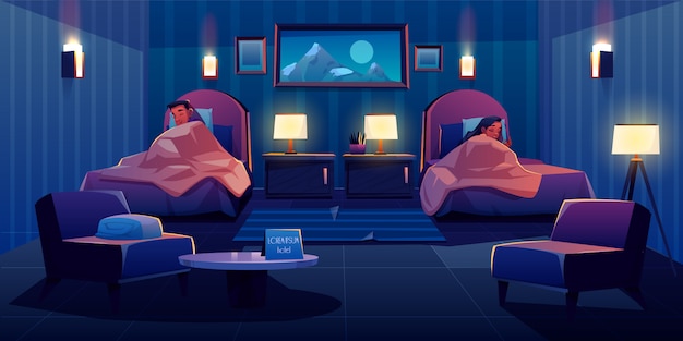 Free vector young couple sleeping in apart beds at hotel suit