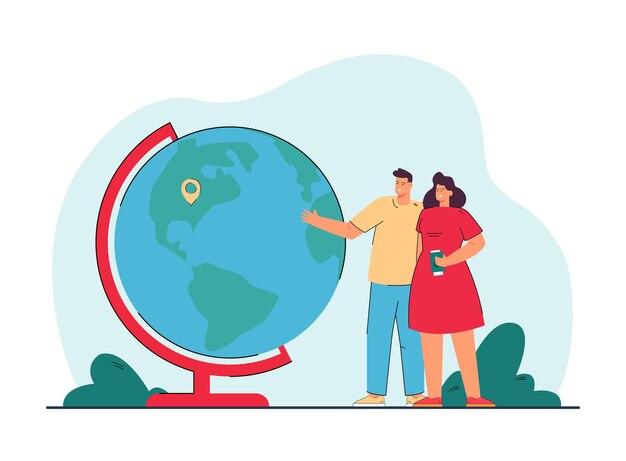 Young couple standing next to globe with location pin. Husband and wife picking vacation spot flat illustration