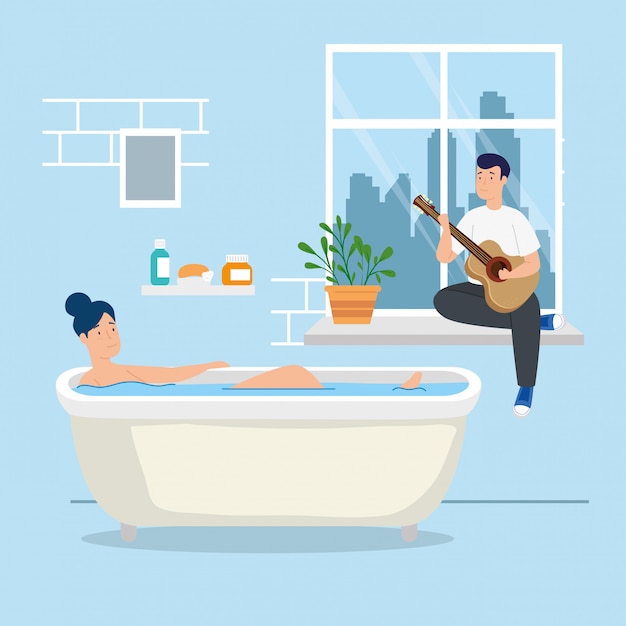 Young couple stay at home in bathtub