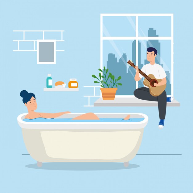 Young couple stay at home in bathtub