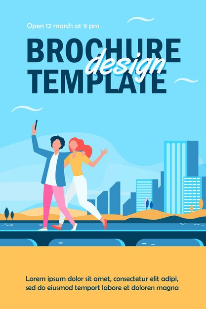 Young couple taking selfie on bridge with cityscape flyer template