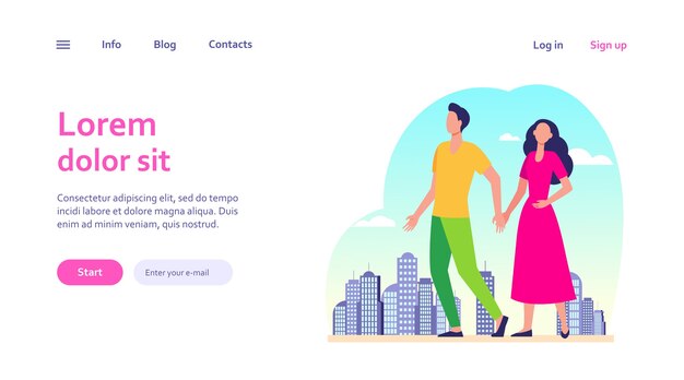 Young couple walking in city. Man and woman holding hands. Citizens, outdoor activity, dating in city concept for website design or landing web page