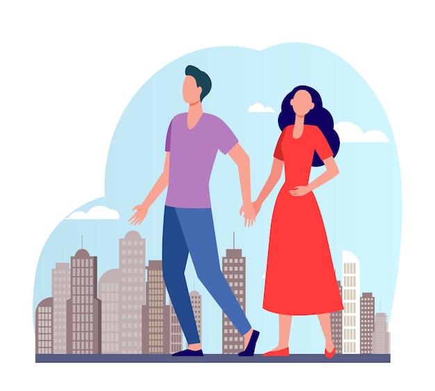 Young couple walking in city. Man and woman holding hands flat vector illustration. Citizens, outdoor activity, dating in city