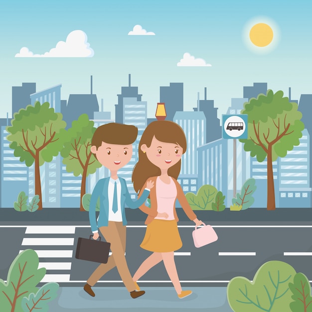 Young couple walking in the street characters