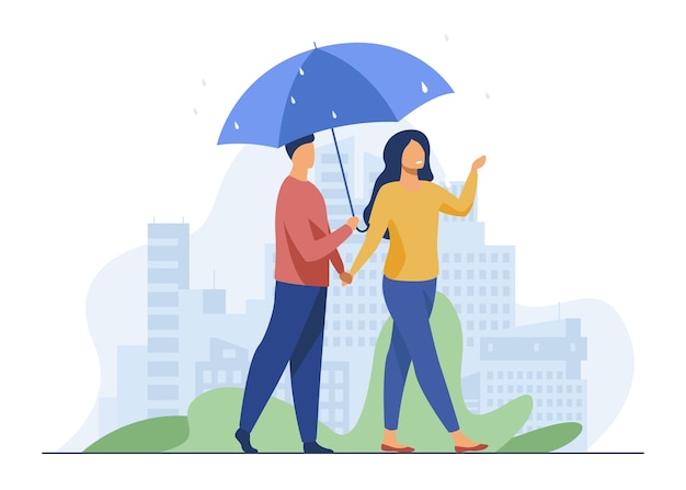 Young couple walking under umbrella in rainy day. City, date, street flat vector illustration. Weather and urban lifestyle