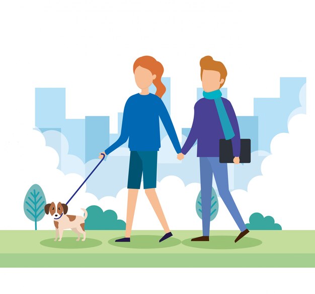 Free vector young couple with dogs in the park