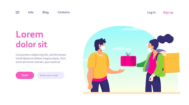 無料ベクター クライアントにボックスを配信するマスクの若い宅配便。小包、パッケージ、検疫。ウェブサイトのデザインやランディングウェブページの配信サービスとパンデミックの概念