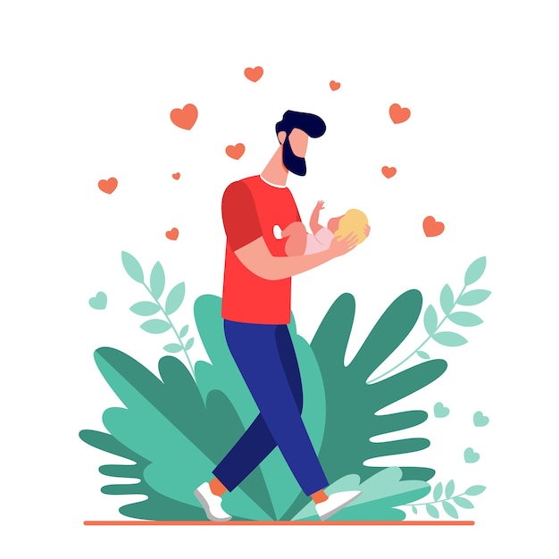 Young dad walking and carrying baby. New father admiring child flat vector illustration. Love, fatherhood, childcare