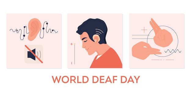 Young deaf man with hearing aid. hearing disability concept. sign