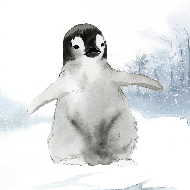 Молодой императорский пингвин в снежном акварельном векторе