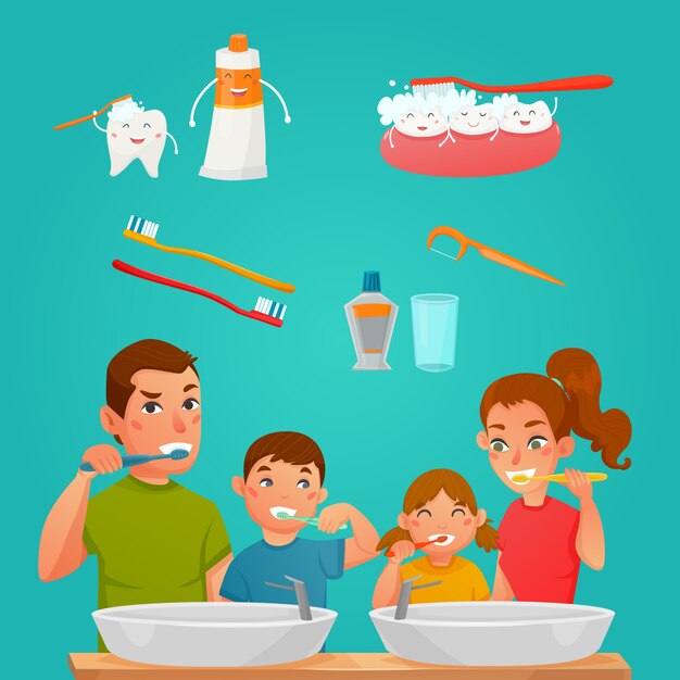 Young Family Brushing Teeth Together 