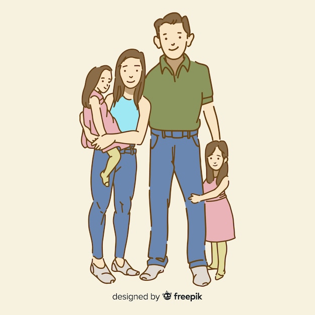 Young family in korean drawing style