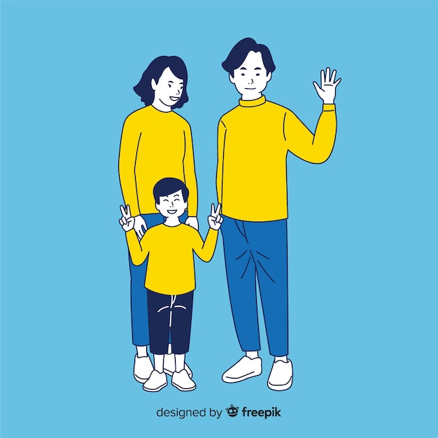 Young family in korean drawing style