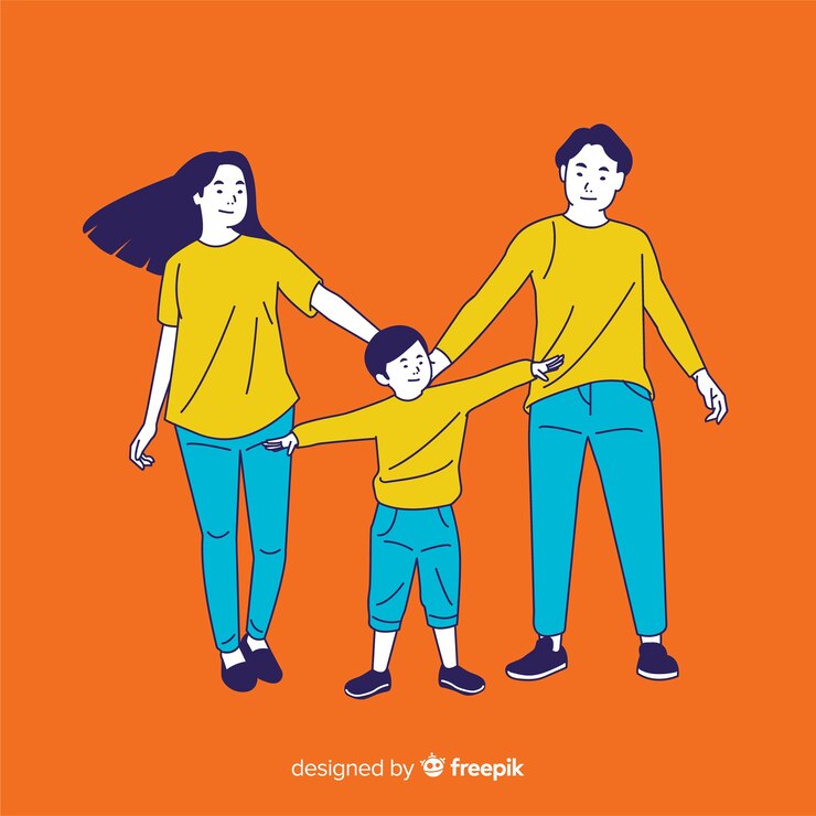 無料Vector 韓国の描画スタイルの若い家族