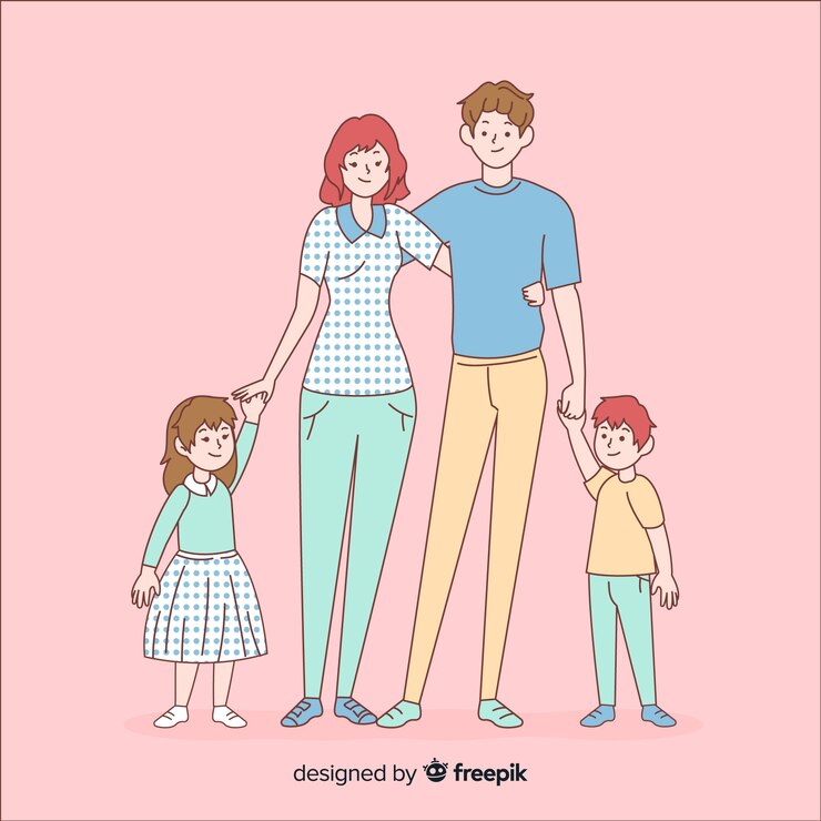 무료 Vector 한국 그리기 스타일의 젊은 가족