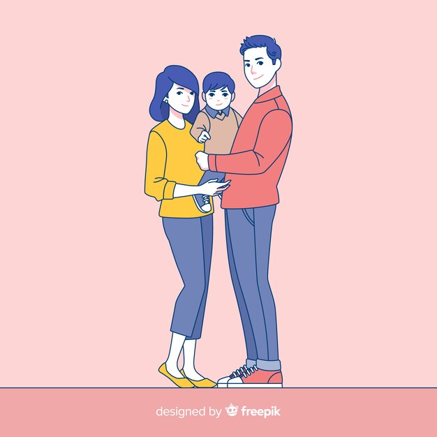 Young family in korean drawing style