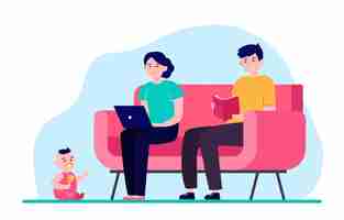 Free vector young family sitting in one room