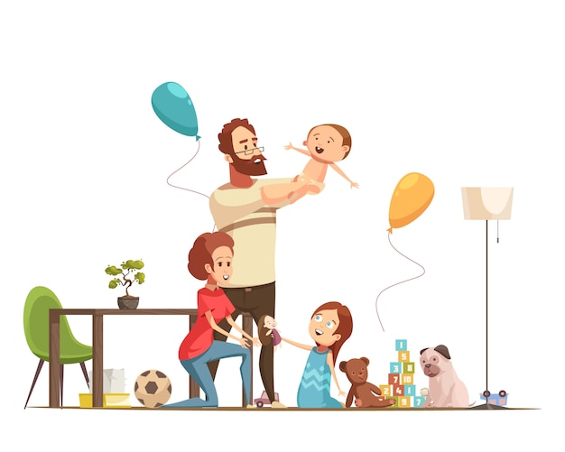 男の子と小さな女の子のレトロ漫画ポスターで遊ぶ子供たちの家を持つ若い家族