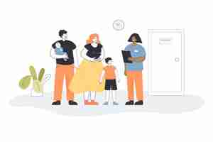 Free vector young family with kids visiting pediatrician office