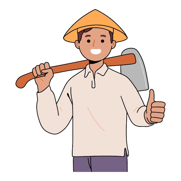 Free vector young farmer carrying a hoe to work in the rice fields