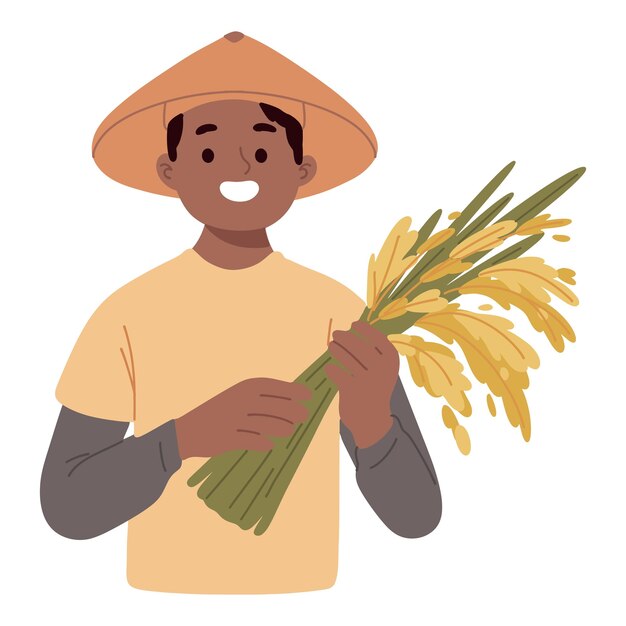 米の収穫を手に持つ若い農家