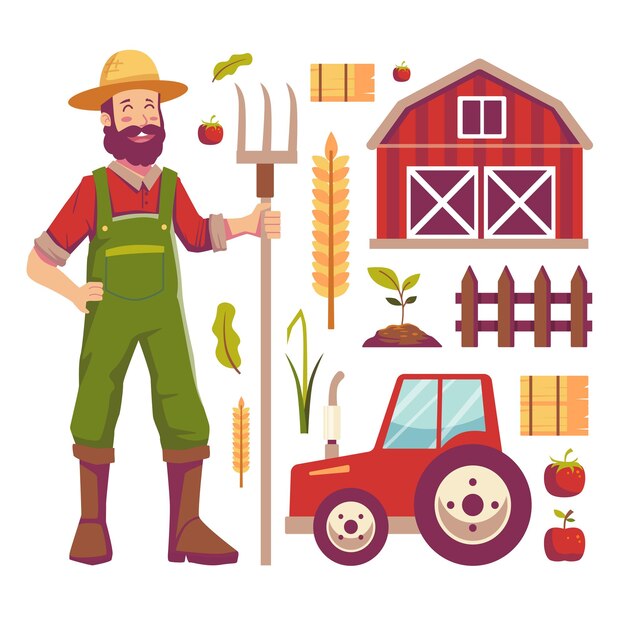 Young farmer with tractor and farm house with agricultural tool in cartoon vector