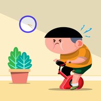 Young fat man riding a exercise bike for lose weight flat vector design illustration