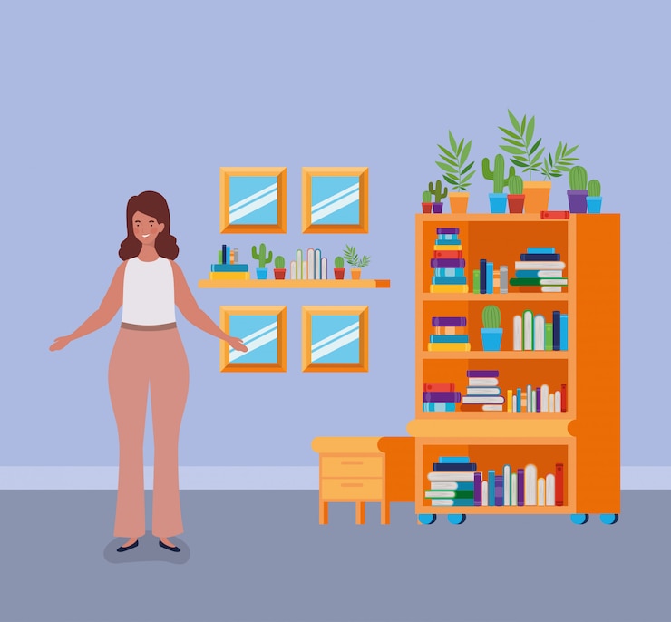 Free Vector young fat woman standing in the library room