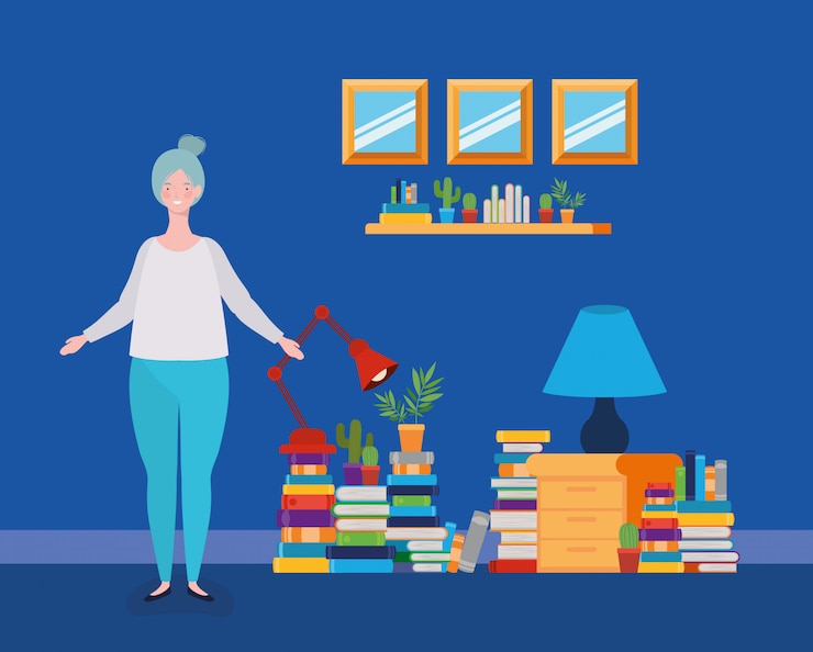 Free Vector young fat woman standing in the library room