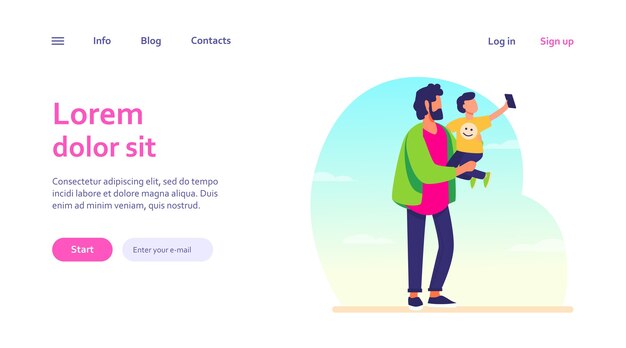 Young father holding child with mobile phone. Selfie, kid, smartphone. Family and digital technology concept for website design or landing web page