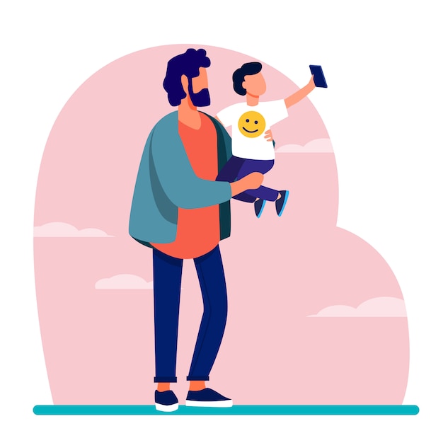 Young father holding child with mobile phone