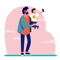 Free vector young father holding child with mobile phone