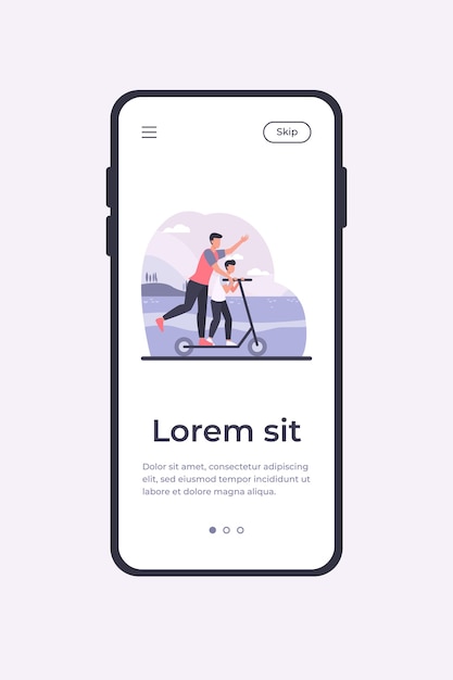 息子と一緒に電動スクーターに乗っている若い父親。家族、風景、公園フラットベクトルイラスト。アクティビティと夏休みのコンセプトモバイルアプリテンプレート