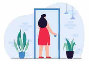 Free vector young female character holding door knob entering building