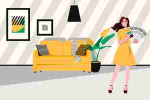 Free vector young female interior designer working with color palette in living room with yellow sofa and modern decor elements flat vector illustration