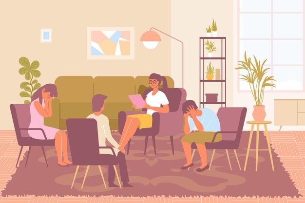 young female psychologist and three frustrated people during group psychotherapy session