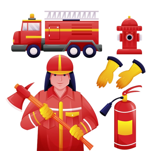 無料ベクター 制服を着た若い消防士と漫画のベクトルで消防専門機器