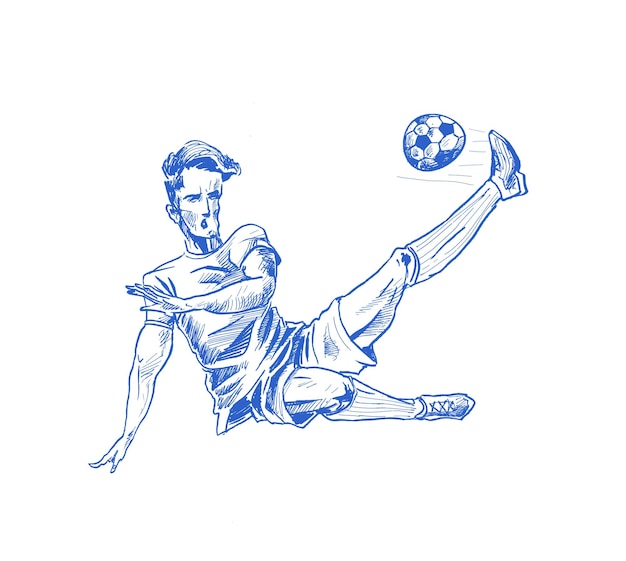 Il giovane giocatore di football calcia la palla sulla priorità bassa di vettore dello schizzo disegnato a mano della città di urben