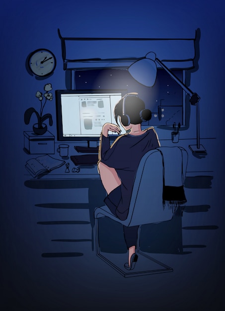 暗い部屋でコンピューターに座って 夜間に働く若いフリーランサーの女性 学生が自宅で試験の準備をしています 一晩の仕事の概念 プレミアムベクター 暗い部屋でコンピューターに座って 夜間に働く若いフリーランサーの女性 学生が自宅で試験の準備をしています 一晩の仕事の概念 プレミアムベクター