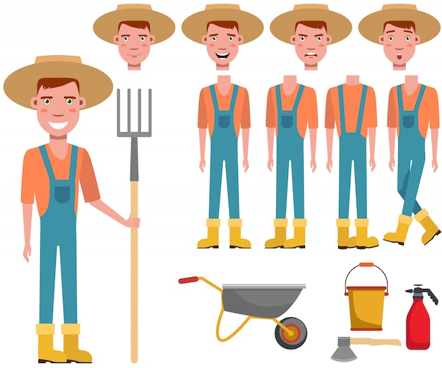 Free vector young gardener in straw hat holding rake character set