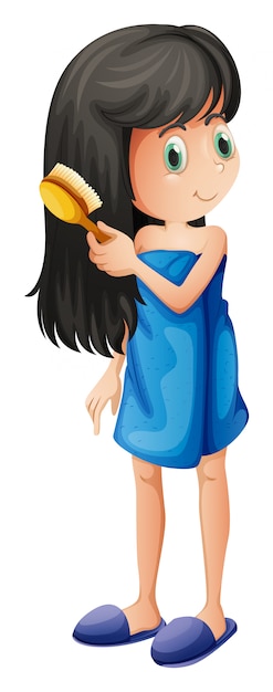 A young girl combing her long hair