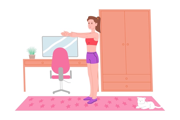 Young girl doing sports physical exercises, home workouts and fitness at home during quarantine and lead healthy lifestyle. flat vector illustration. people, men and women using the house as a gym.