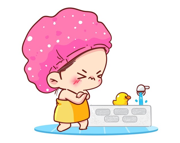 浴室の漫画イラストで冷たい水でシャワーを浴びている間ショックを受けた少女