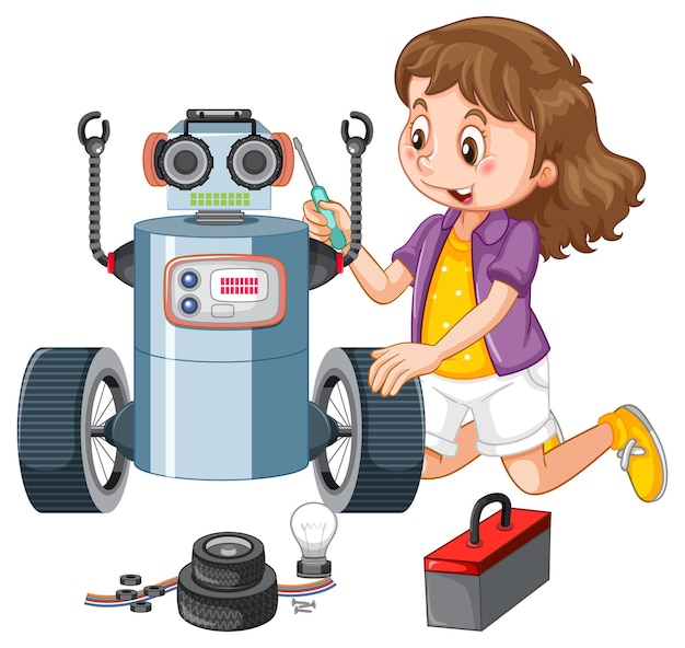 Young girl fixing a robot