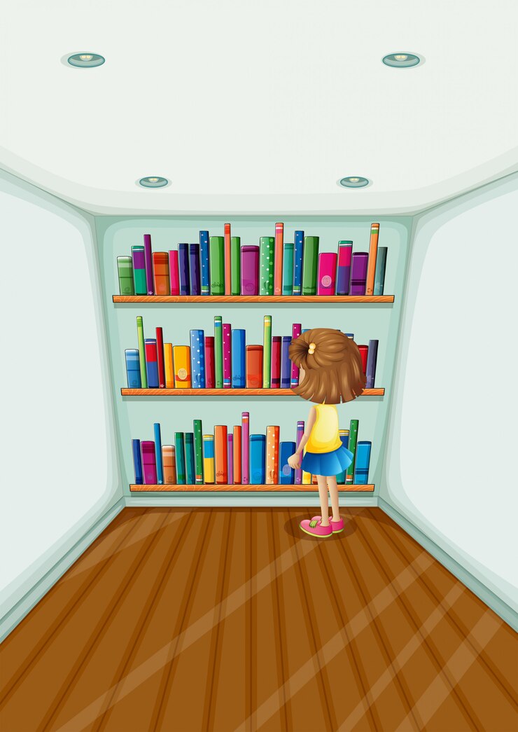 Free Vector a young girl in front of the bookshelves with books