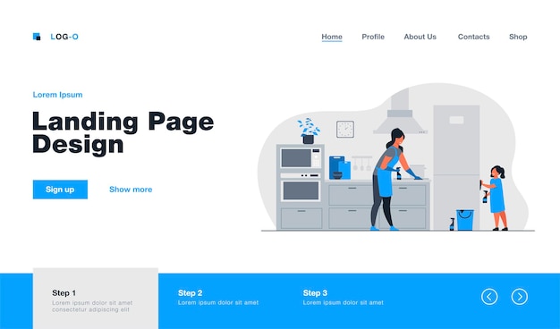 Free vector young girl helping her mom to clean kitchen, dusting furniture, wiping fridge. landing page in flat style.