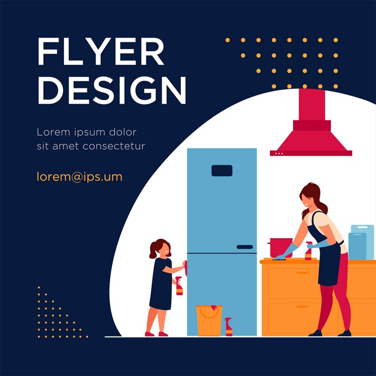 Free Vector young girl helping her mom to clean kitchen, dusting furniture, wiping fridge