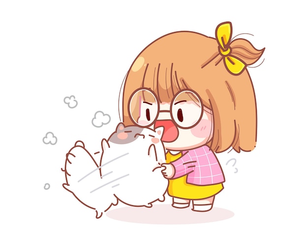 Young girl Shake cat cartoon illustration